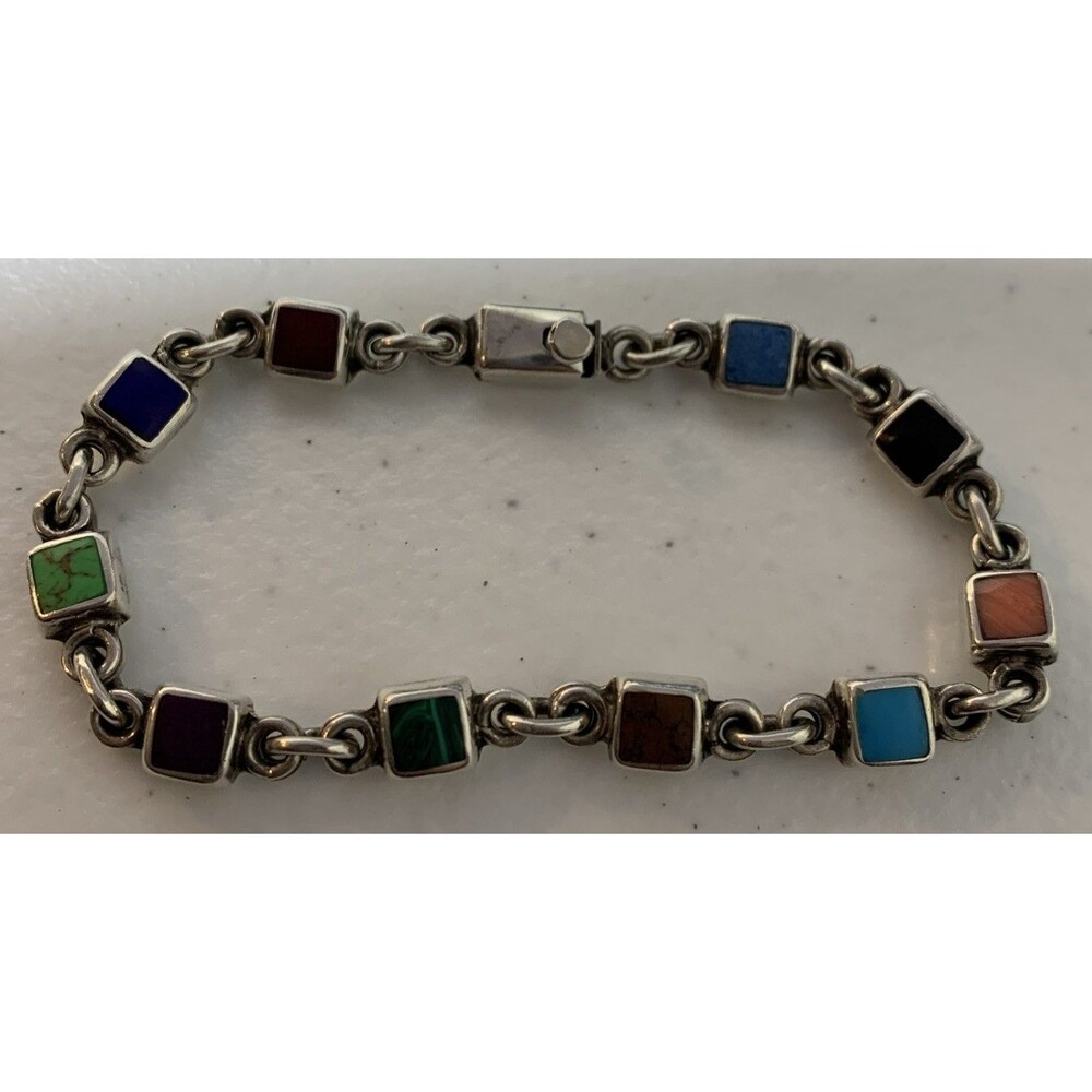 Vintage Taxco Mexico Sterling Silver Multi Stone Link Bracelet 8” TH-109